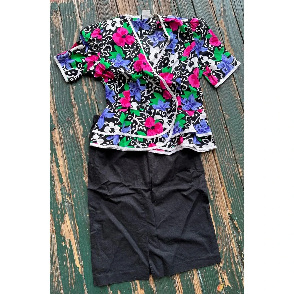 Vintage Floral Peplum Wrap Top and Black Pencil Skirt 2 Piece Set Retro 80s 90s